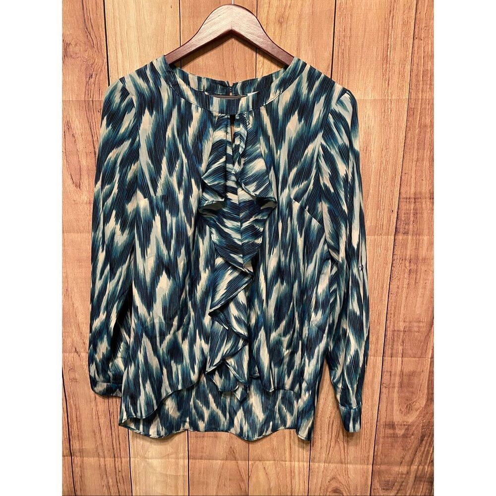 New York & Company Medium Ruffle Abstract Print Top Blouse Tunic blue white